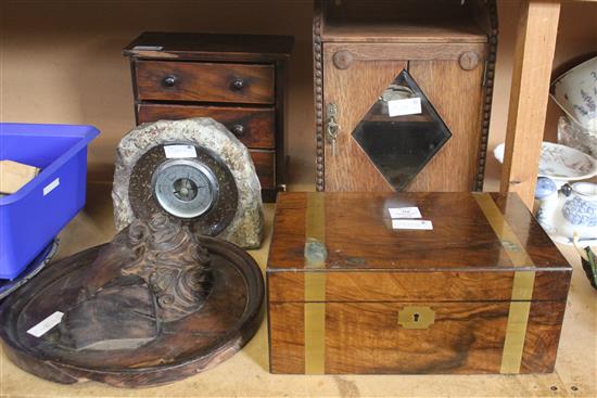 Writing slope, chest, cabinet, carved roundel, marble barometer